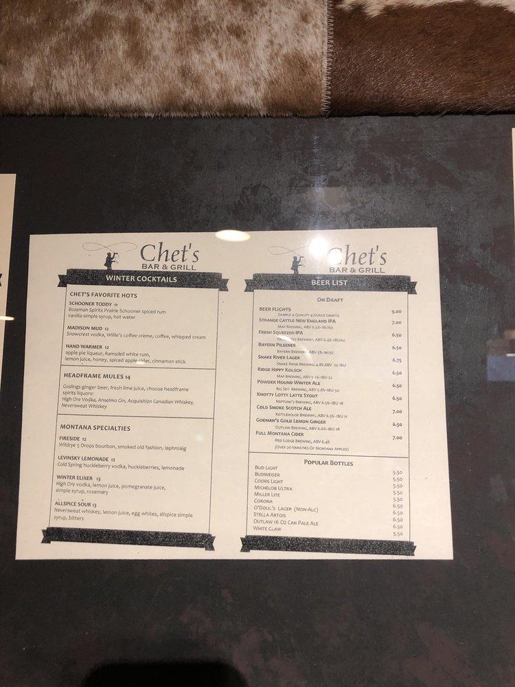 Menu at Chet's Bar & Grill, Big Sky, Huntley Lodge