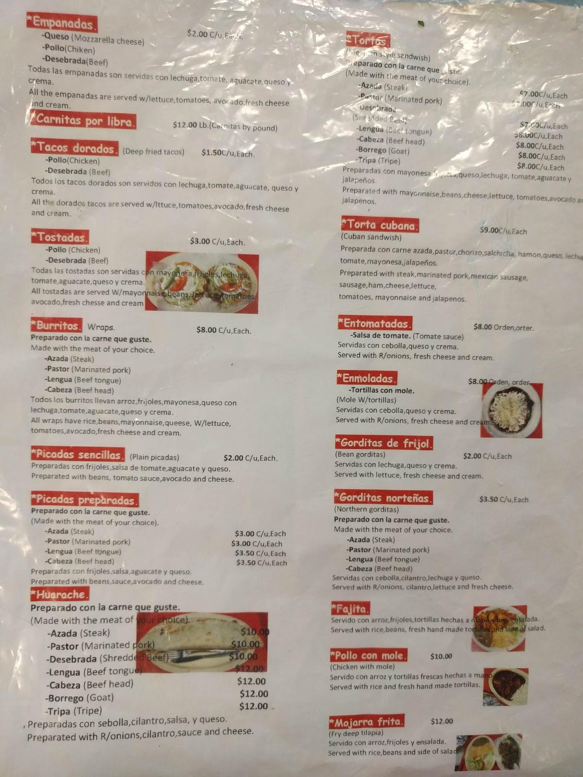 Menu at La Michoacana restaurant, Selbyville