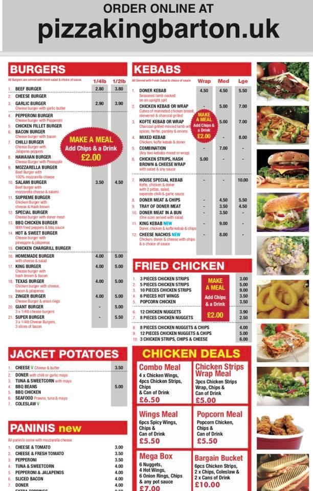 Menu at Pizza King restaurant, BartonuponHumber