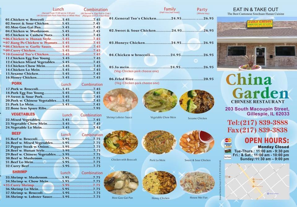 Menu at China Garden restaurant, Gillespie