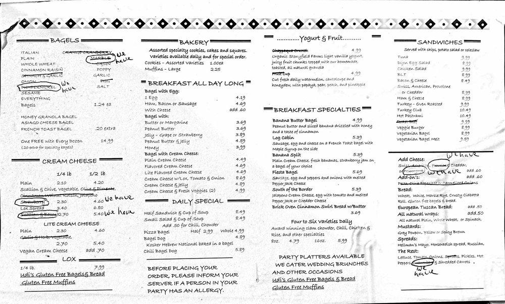 Menu at Cape Cod Bagel cafe, Falmouth