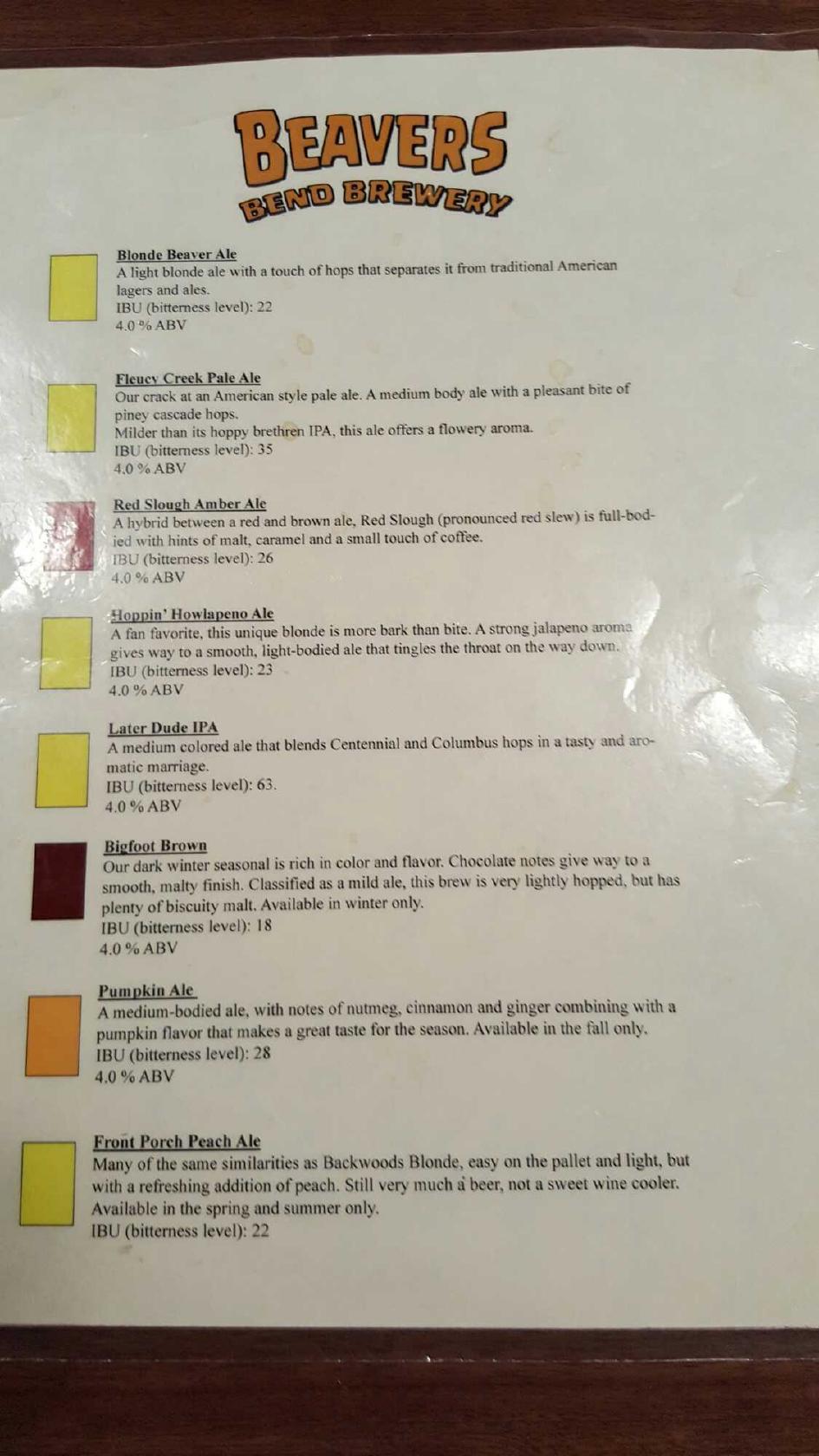 Menu at Beavers Bend Brewery restaurant, Broken Bow