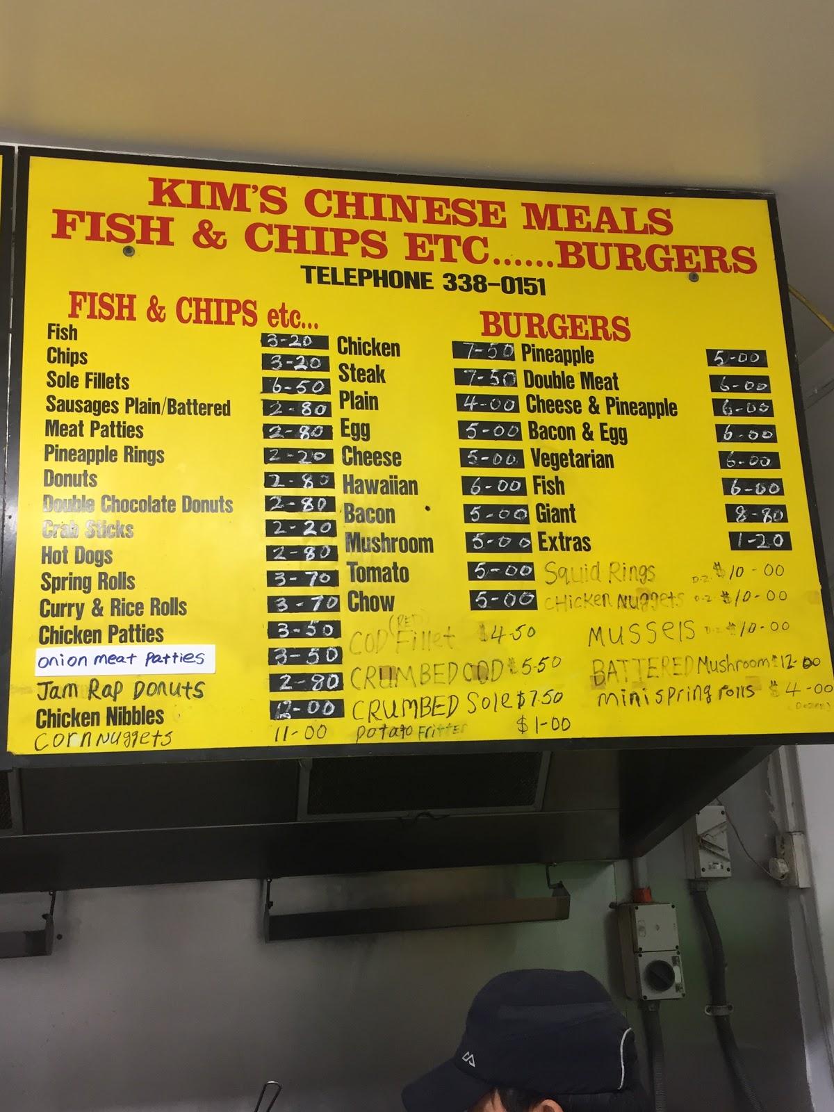 Menu at Kims Fish & Chips restaurant, Christchurch