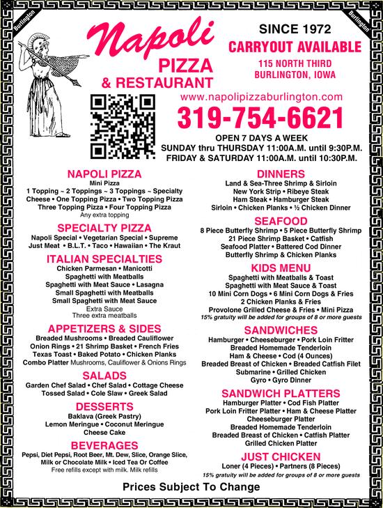 Menu at Napoli Pizza & Restaurant, Burlington