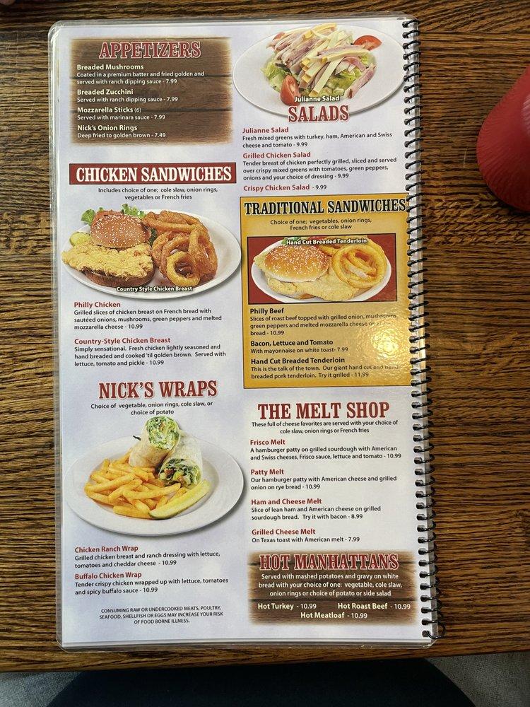 Menu at Nick's Restaurant, Anderson