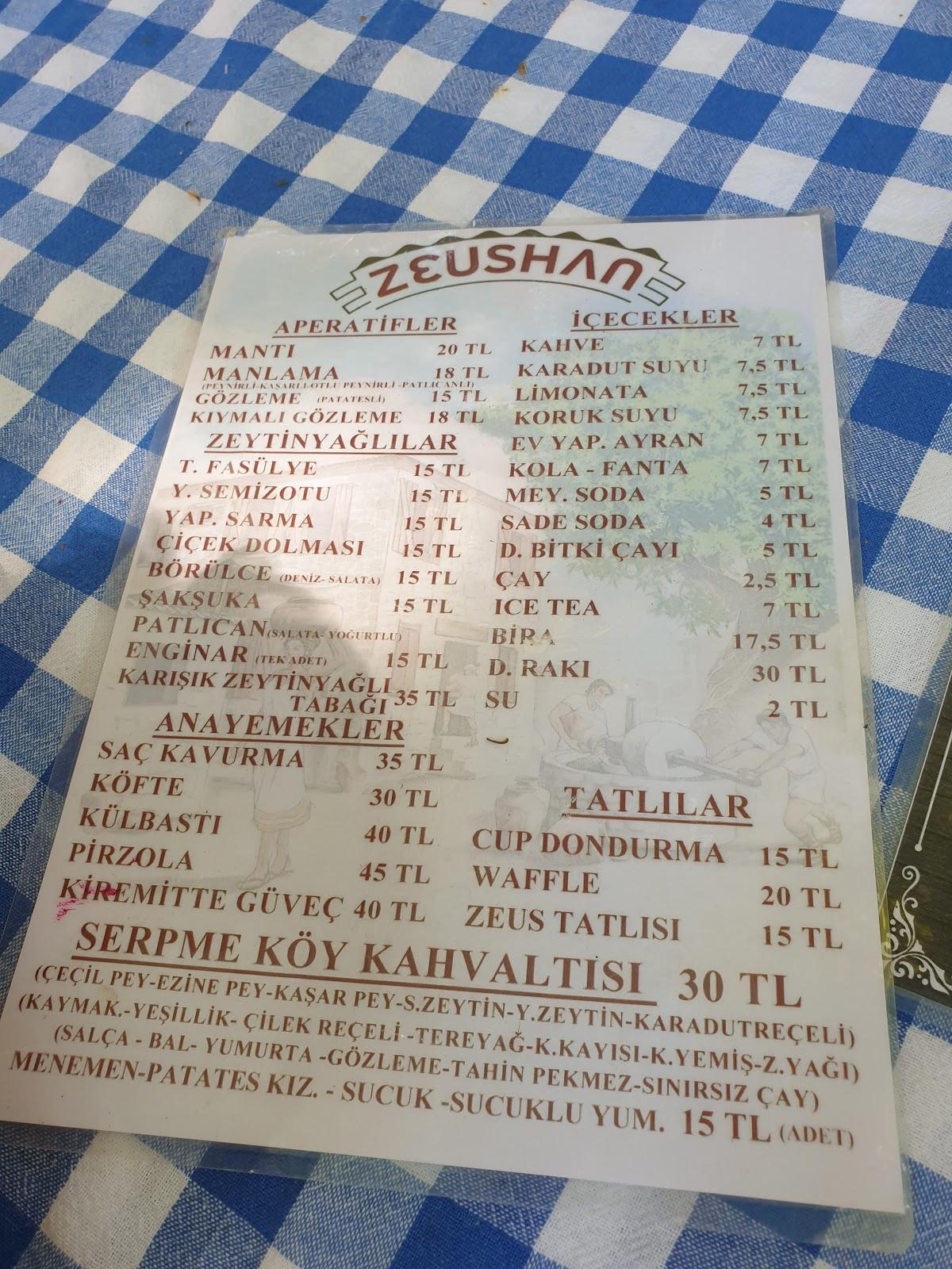 Menu at Zeus Cafe, Adatepe Köyü