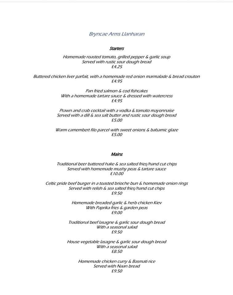 Menu At Bryncae Arms Pub & Bar, Llanharan