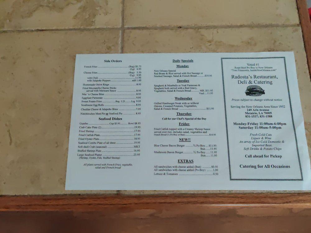 Menu at Radosta's Restaurant, Metairie
