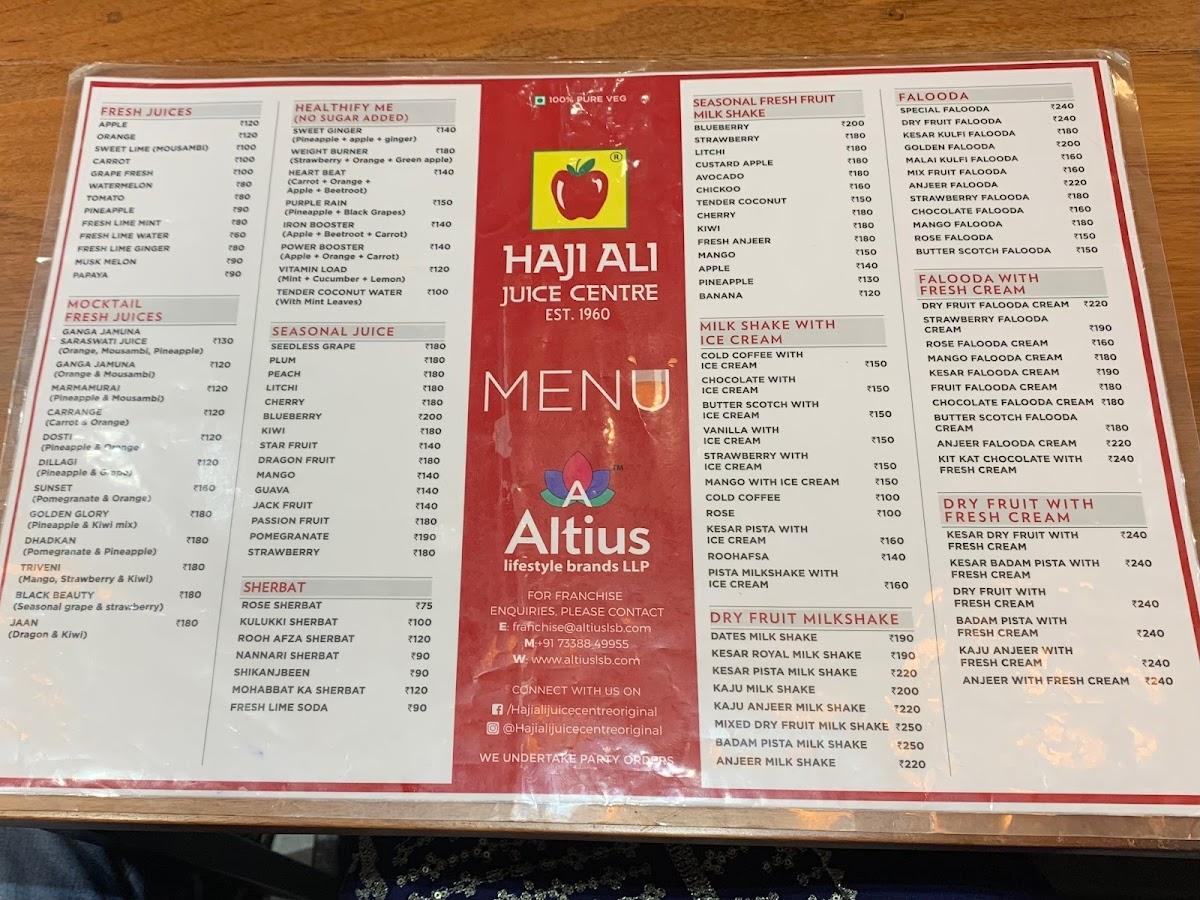 Menu at haji ali juice centre, Kannur