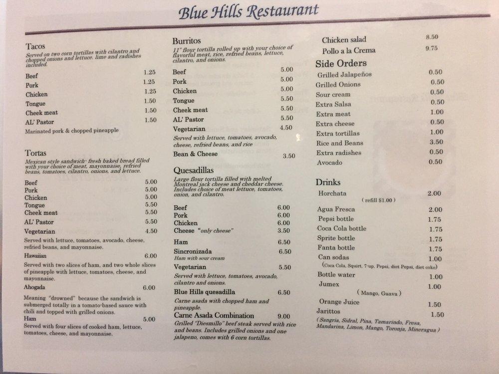 Menu at Blue Hills Taqueria restaurant, Yakima, Tieton Dr