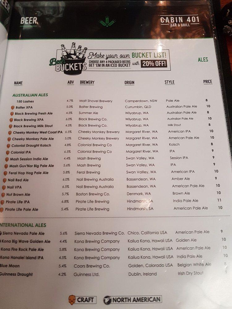 Menu at Cabin 401 Bar & Grill, Bibra Lake