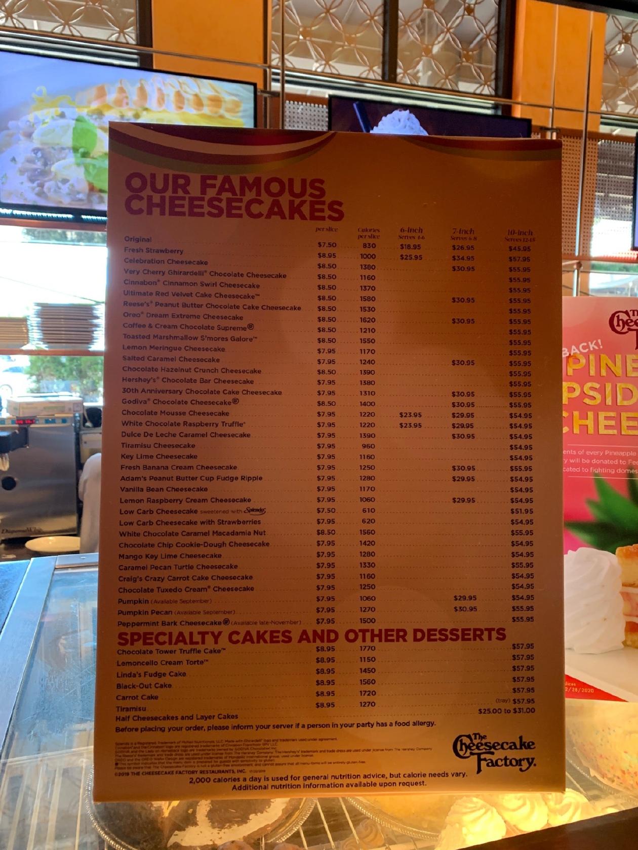 Menu at The Cheesecake Factory desserts, Greenville
