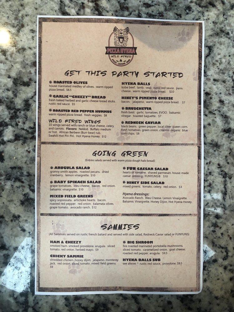 Menu at Pizza Hyena pizzeria, Surfside Beach