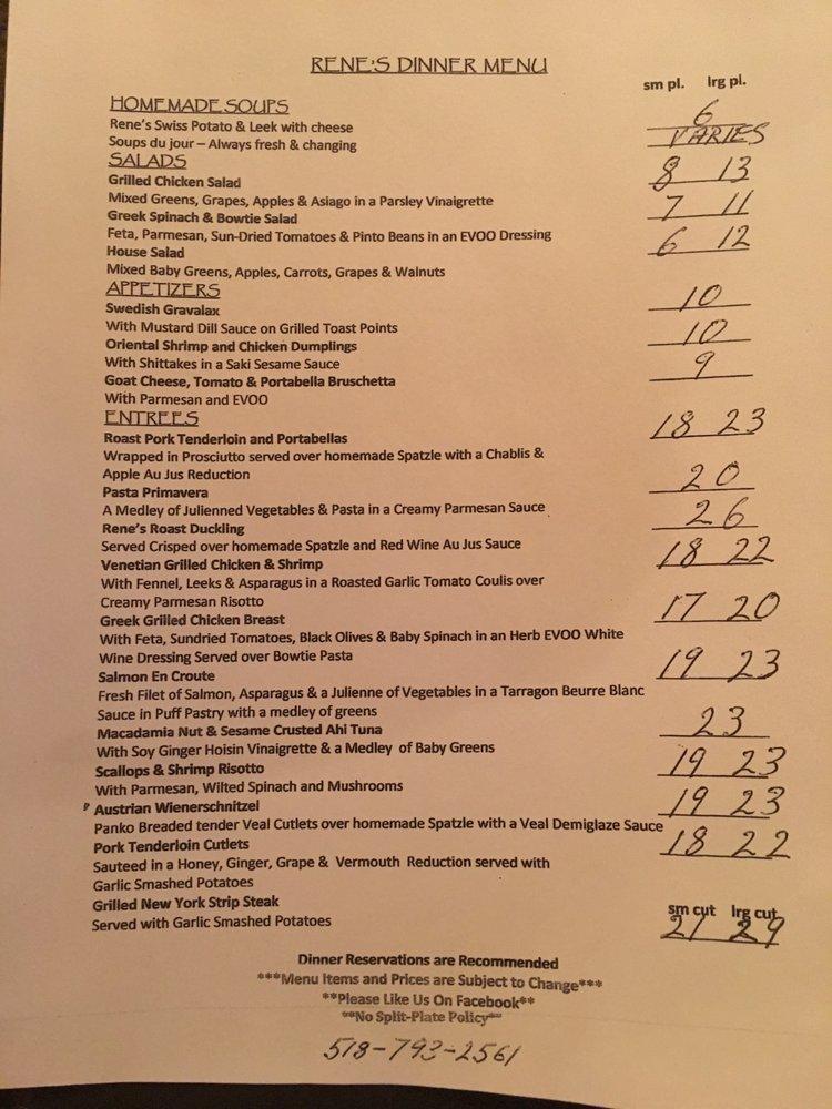 Menu at Rene's restaurant, Glens Falls