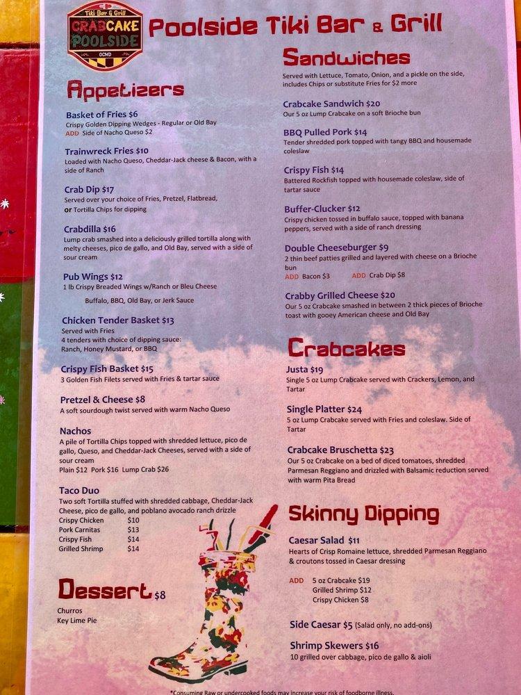Carta del pub y bar Crabcake Poolside, Ocean City