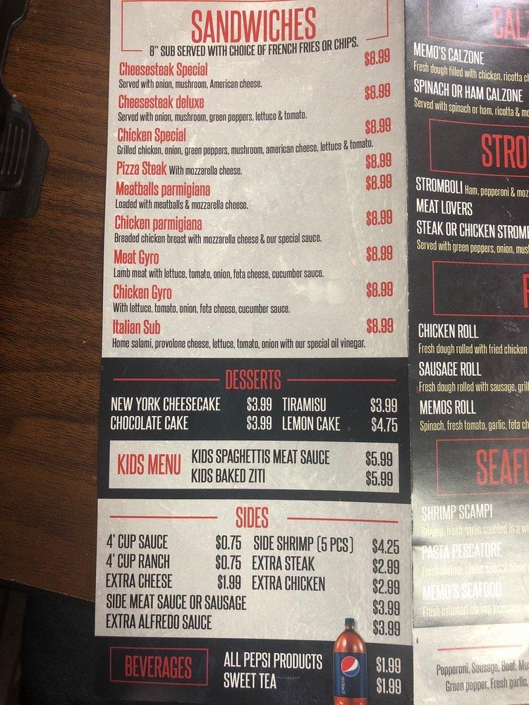 Menu at Memo's Pizza restaurant, Zebulon