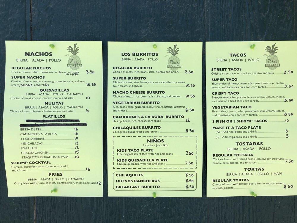Menu at Piñas Juice Bar, Williams