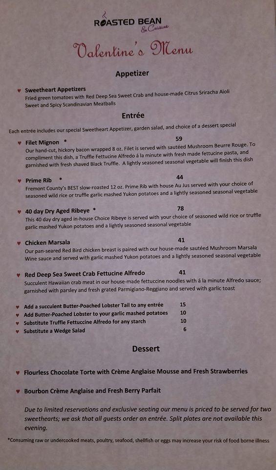 Menu at Roasted Bean & Cuisine steakhouse, Riverton