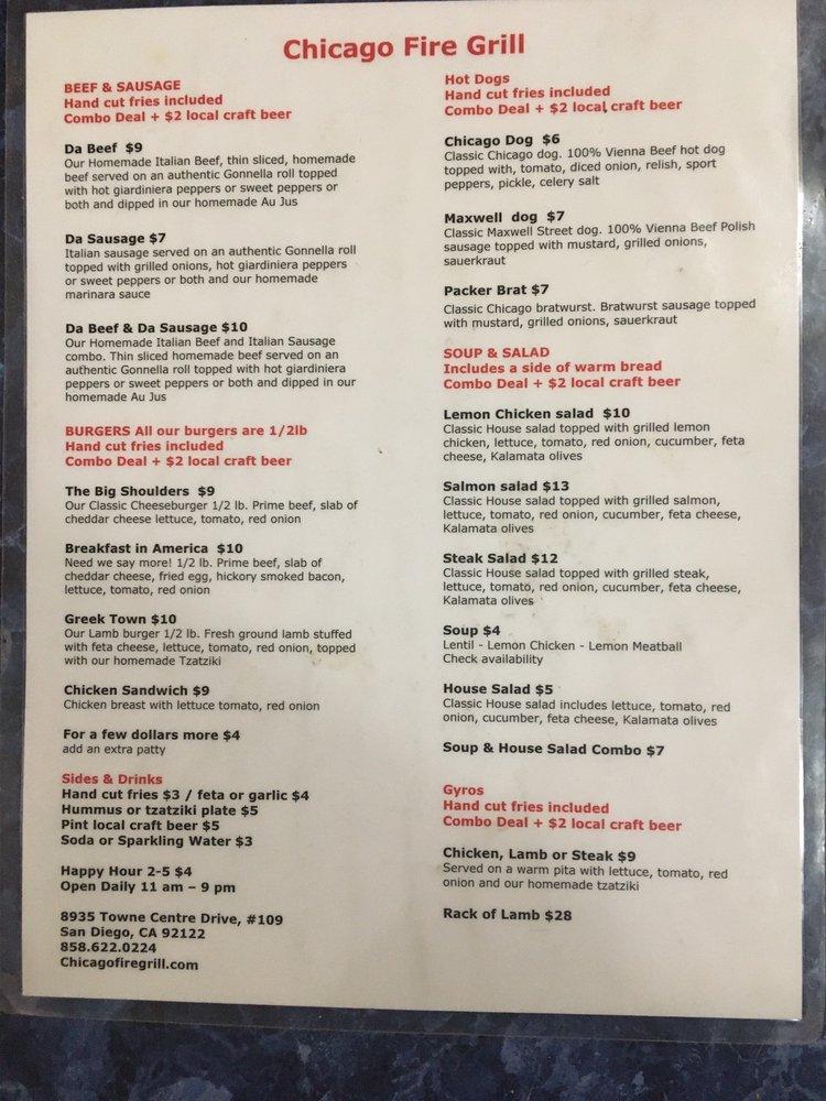 Menu at Chicago Fire Grill restaurant, San Diego, Towne Centre Dr 109