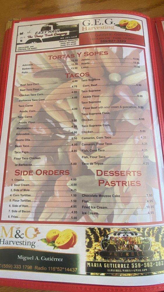 Menu at El Tapatio Restaurant, Porterville, 134 E Orange Ave