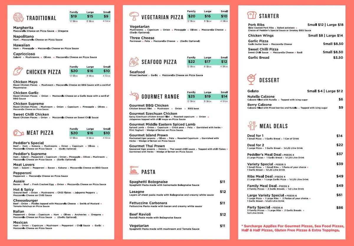 Menu at Pizza Peddlers & Ribs Jindalee pizzeria, Jindalee
