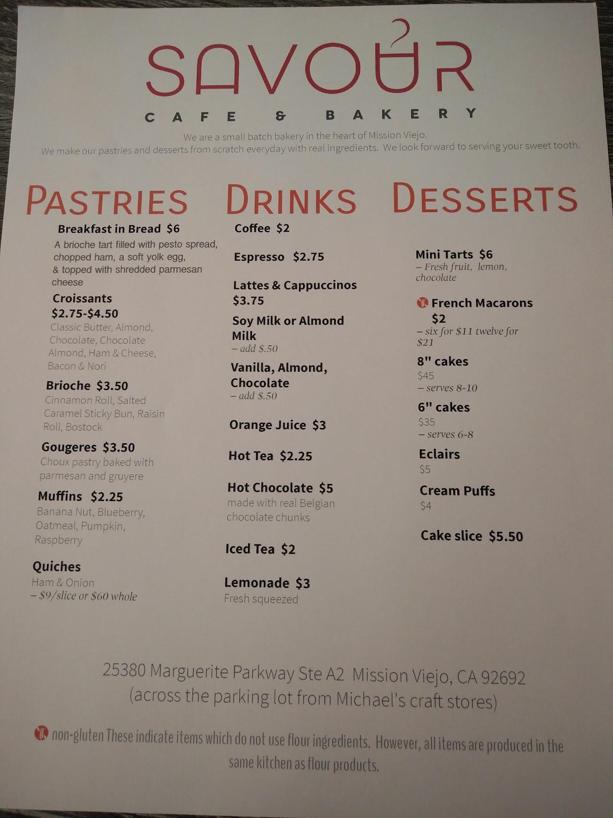 Menu at Savour Bakery, Mission Viejo