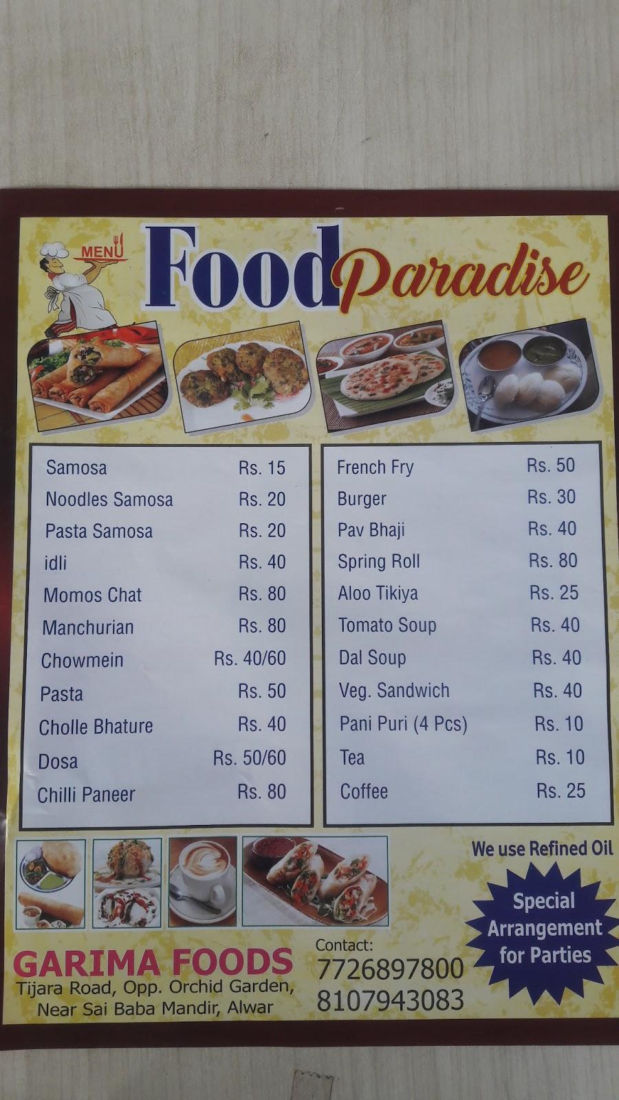 Menu at Food Paradise, Alwar