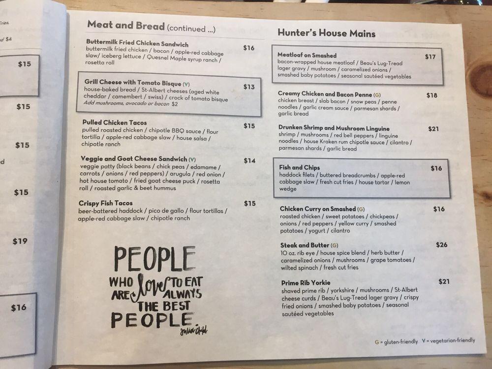 Menu at Hunter's Public House, Ottawa