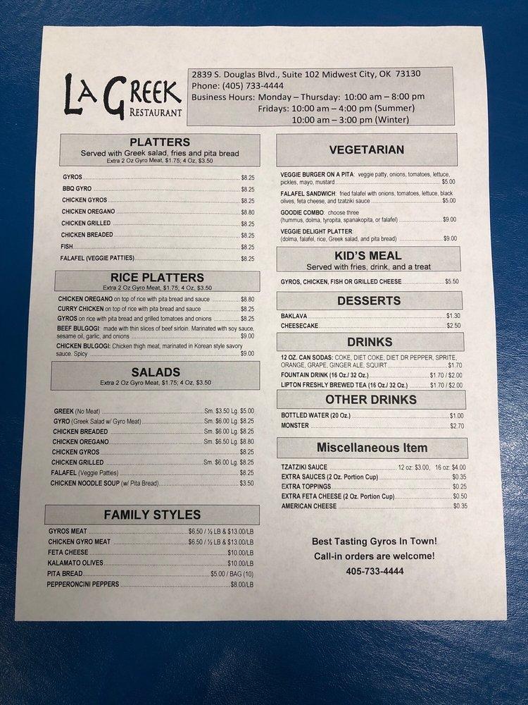 Menu at La Greek Restaurant, Oklahoma City