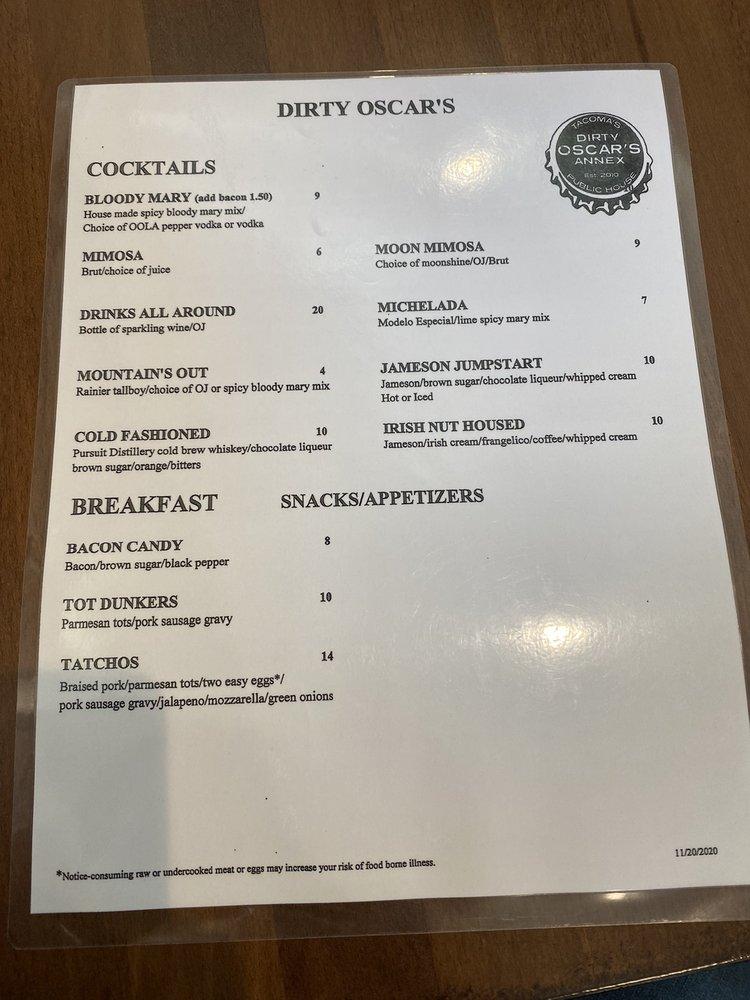 Menu at Mini Oscar's Annex restaurant, Sumner