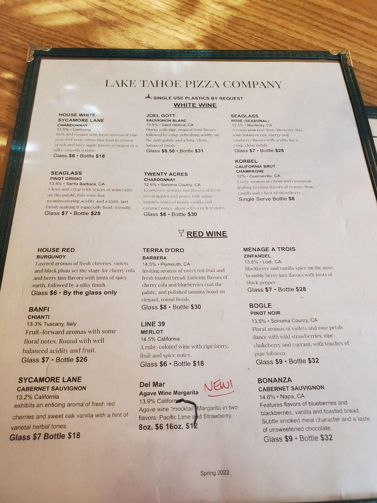 Menu at Lake Tahoe Pizza Company pizzeria, South Lake Tahoe