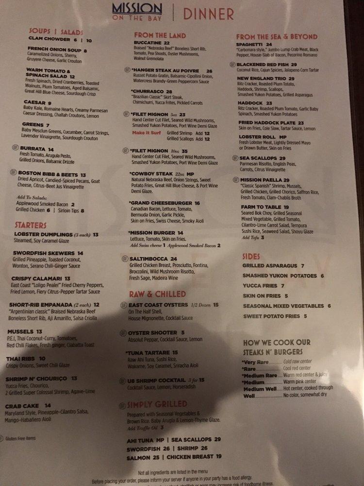 Menu at Mission on the Bay pub & bar, Swampscott