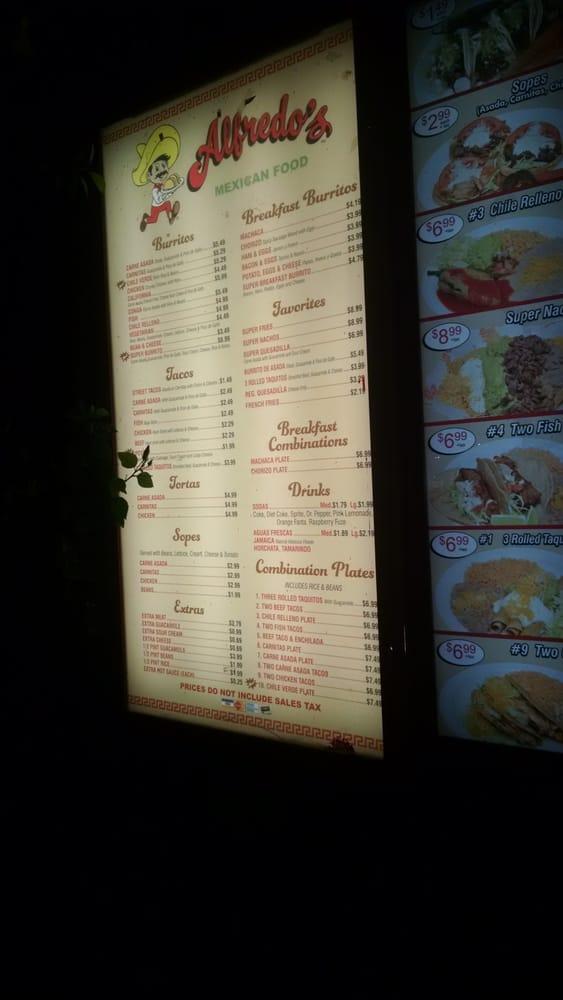 Menu at Alfredo's Mexican Food restaurant, Bell Gardens, Eastern Ave