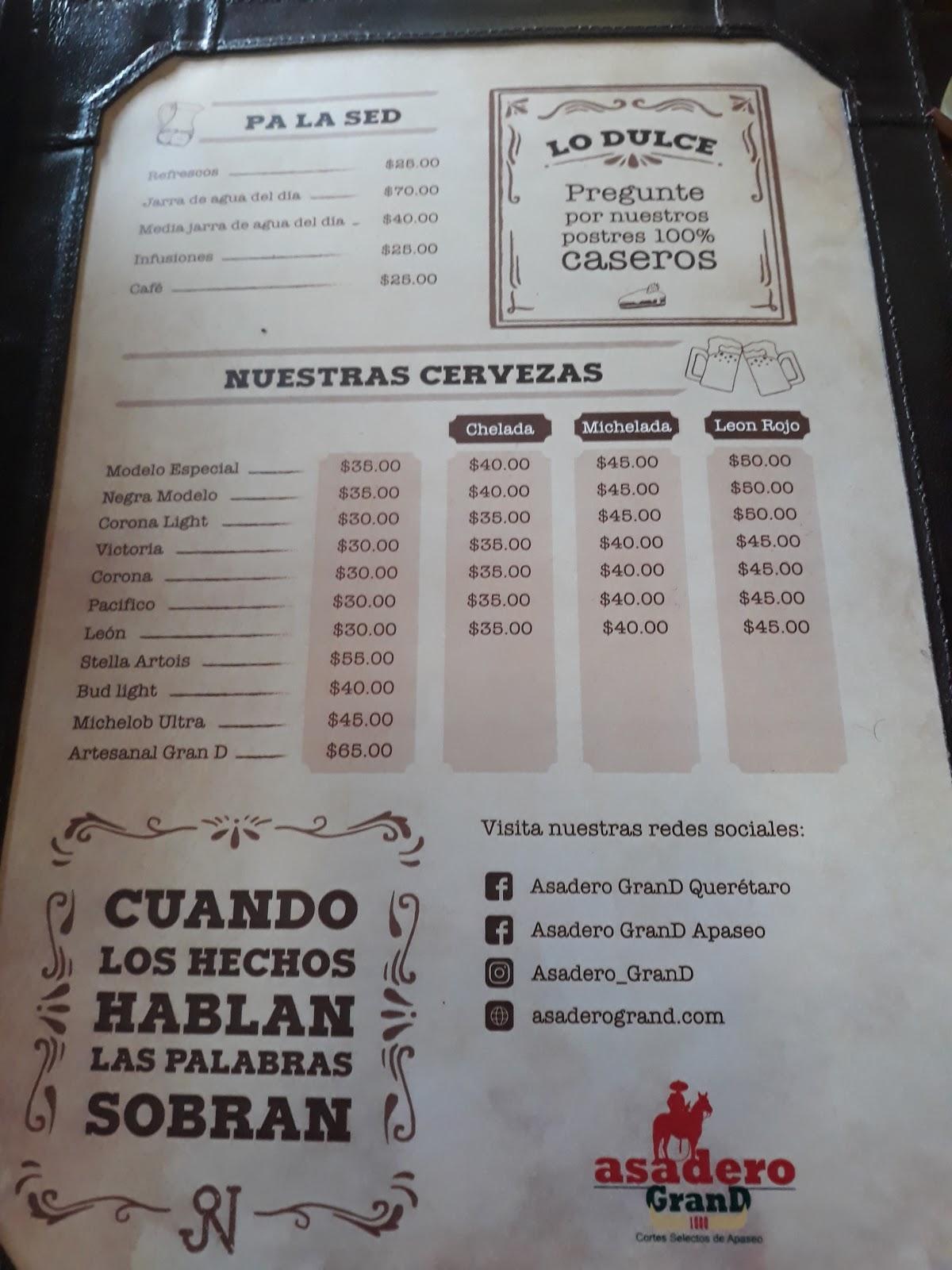 Carta de Restaurante Asadero GranD Querétaro, Santiago de Querétaro
