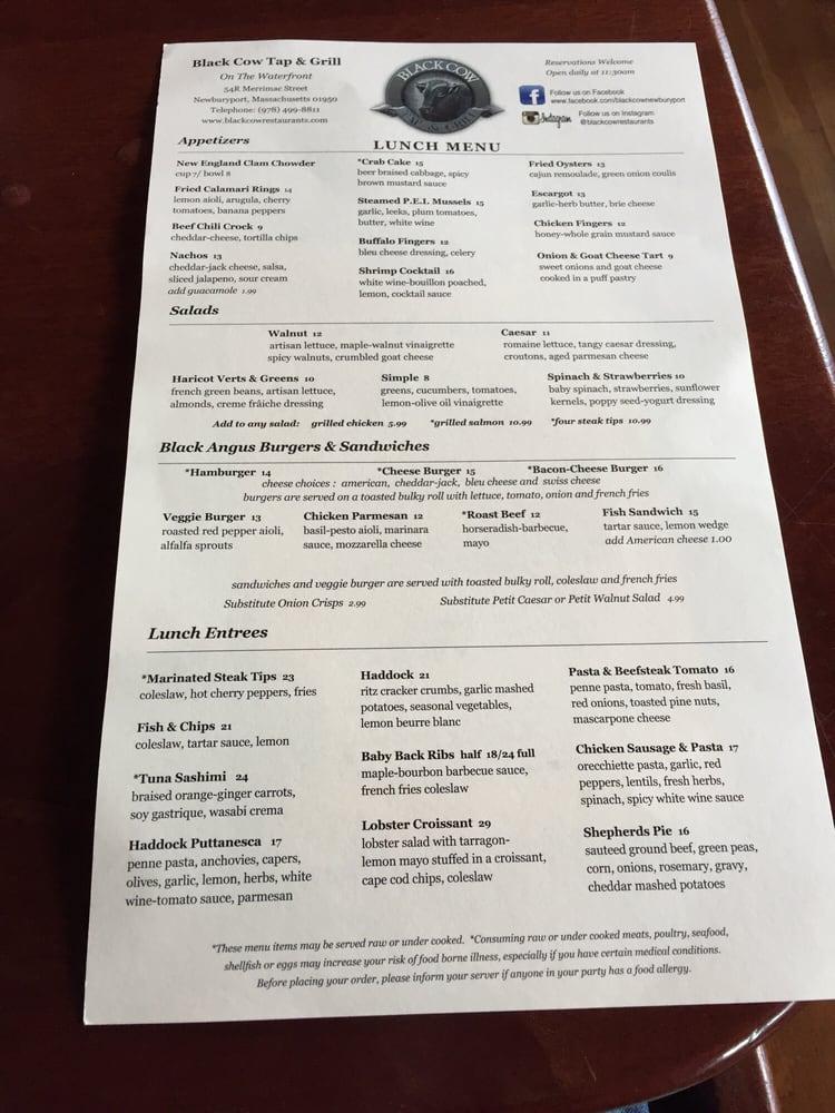 Menu at Black Cow restaurant, Newburyport