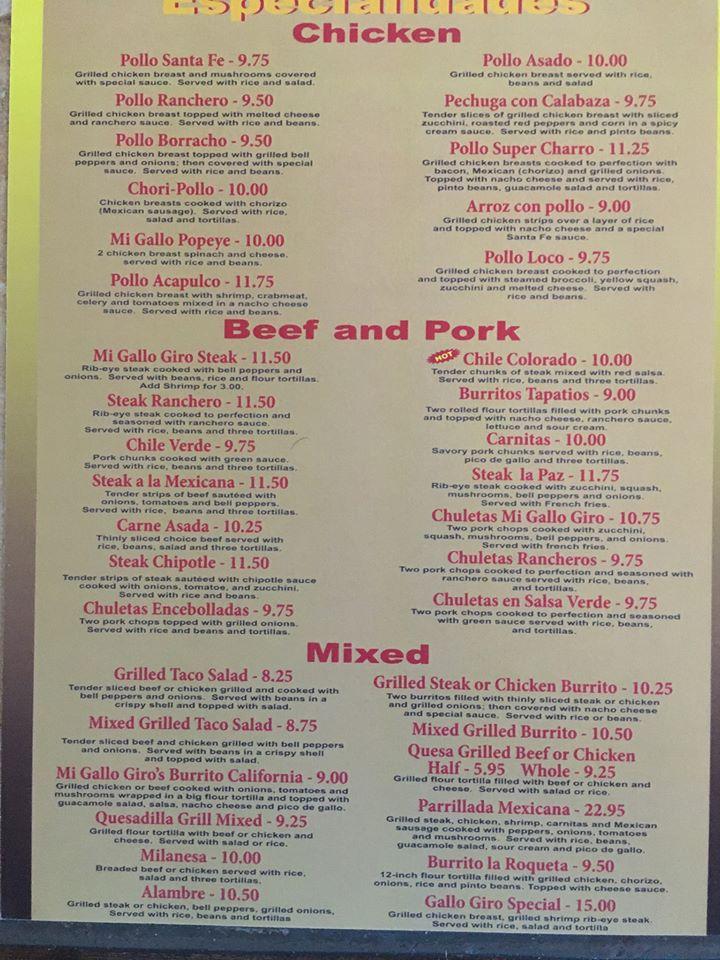 Menu at Mi Gallo Giro Mexican Restaurant, Fairmont