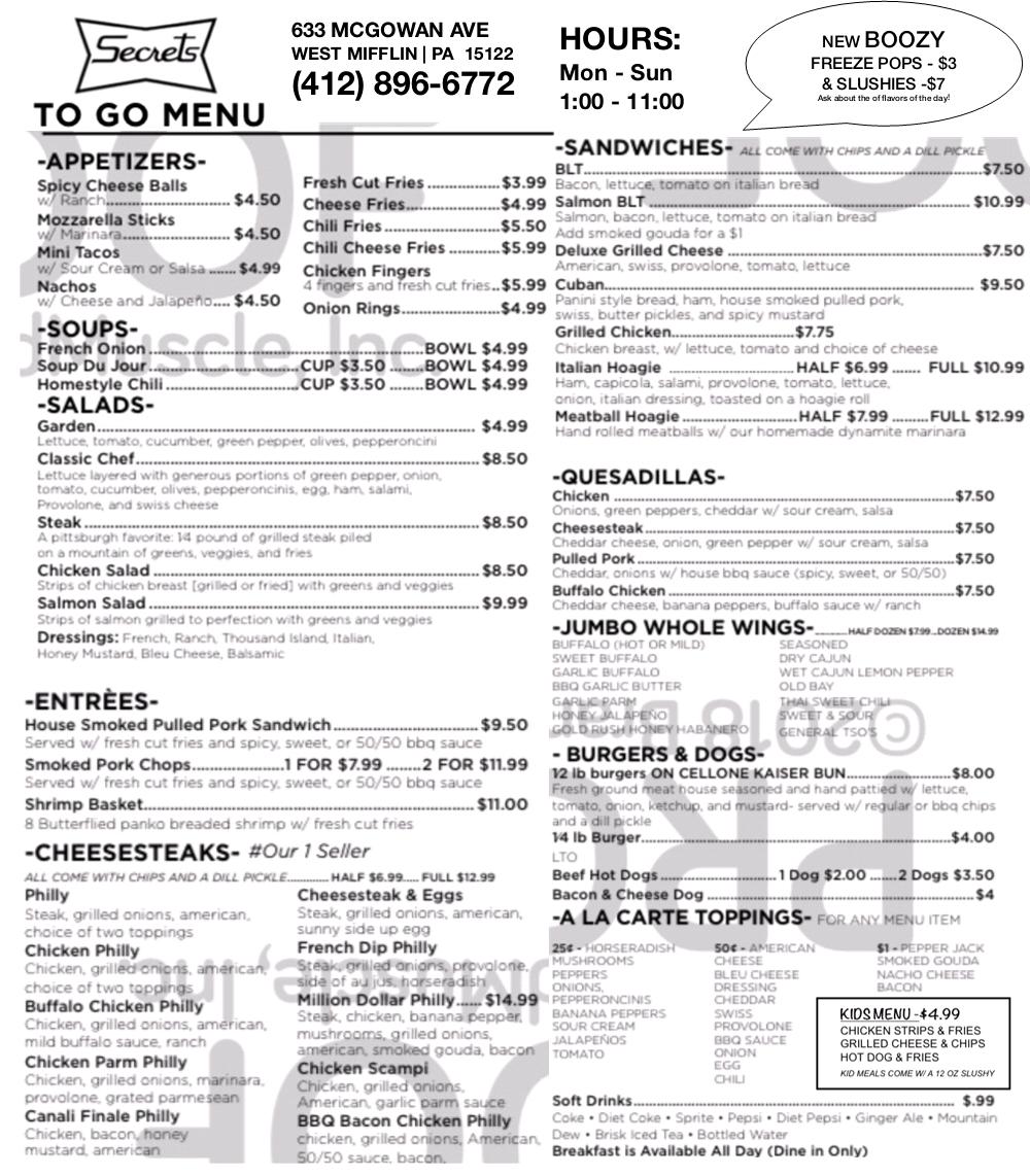 Menu at Secrets Bar & Grill, West Mifflin