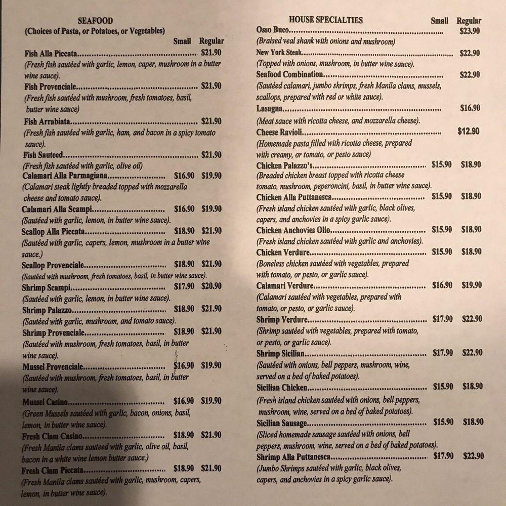Menu at Palazzo Ristorante Italiano restaurant, Aiea, 99080 Kauhale St