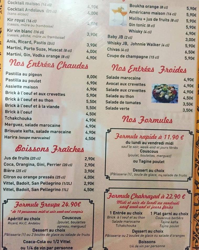 Menu at Sherazade restaurant, Gentilly