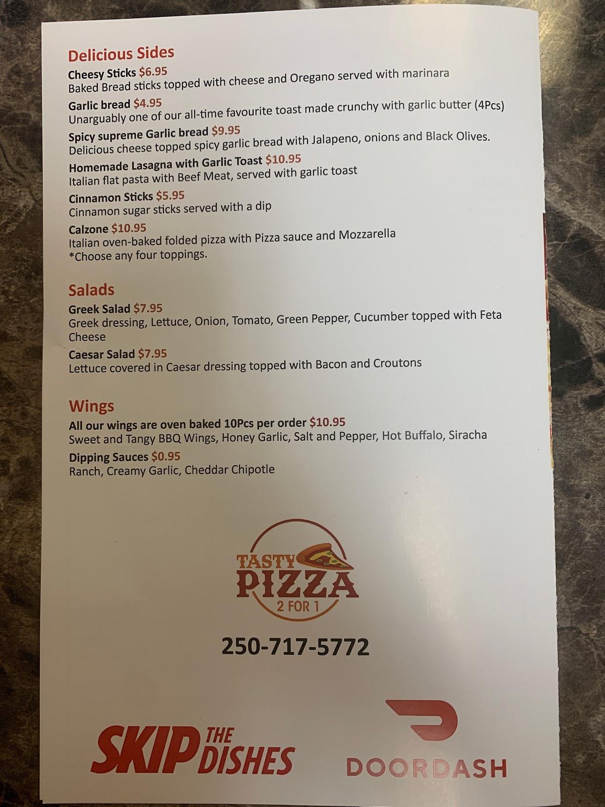 Menu at Tasty Pizzas restaurant, Kelowna