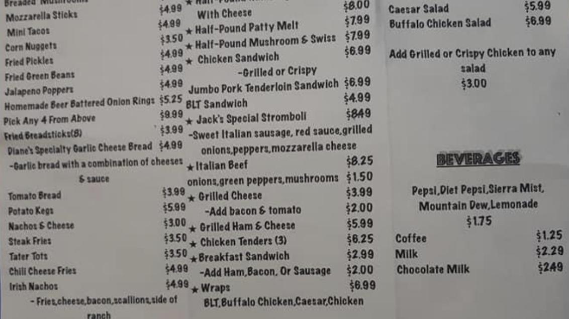 Menu at Jack & Diane's Bar & Grill, Knox