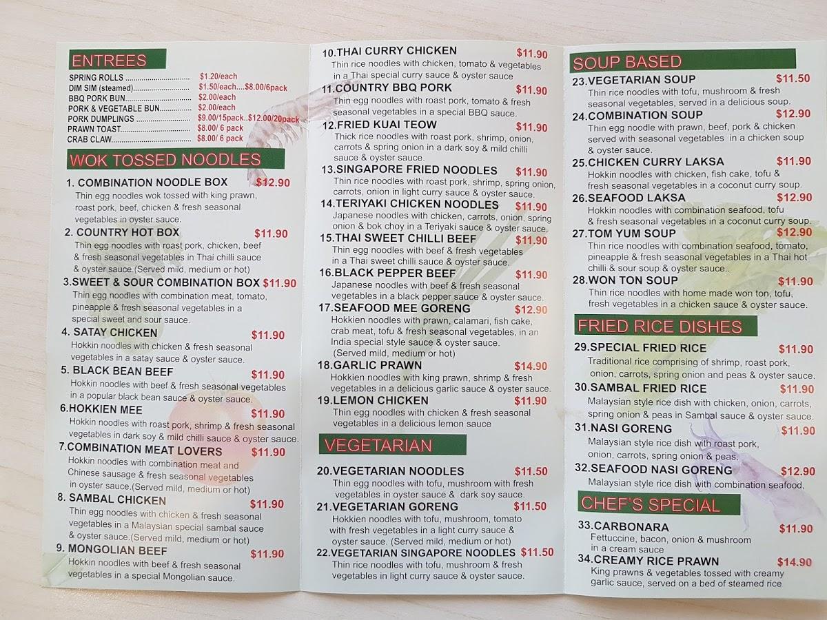 Menu at Country Noodles restaurant, Raymond Terrace