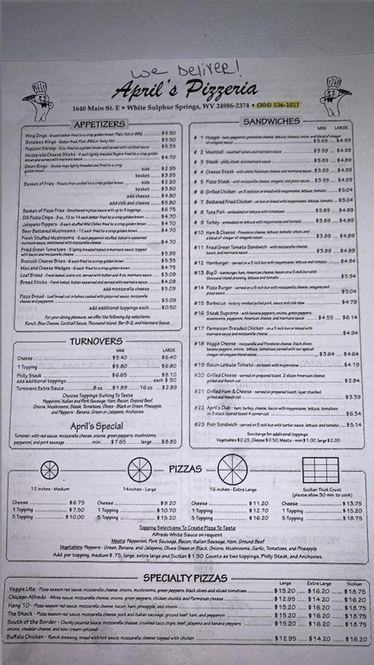 Menu at April's Pizzeria, White Sulphur Springs, 705 Main St E