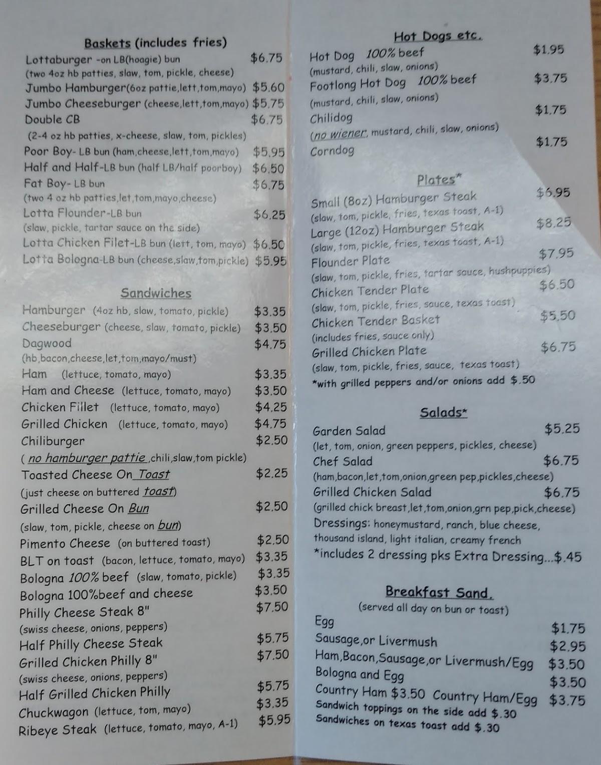 Menu at Blackwood's Drive-In restaurant, Kings Mountain