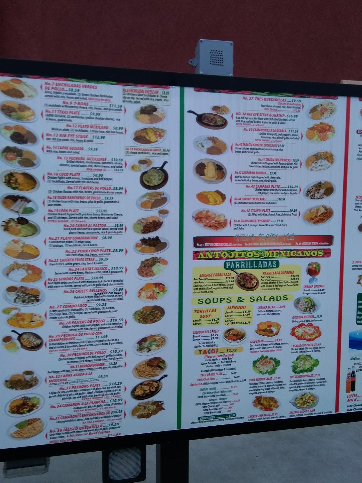Menu at Taqueria Jalisco restaurant, Cuero