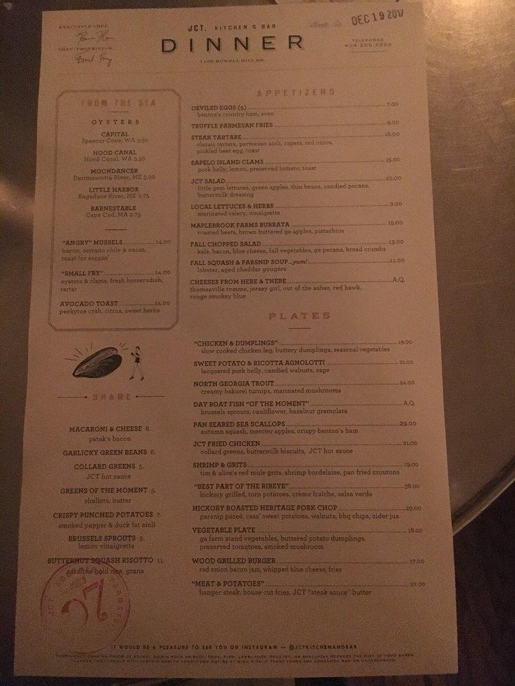 Menu at JCT. Kitchen & Bar, Atlanta