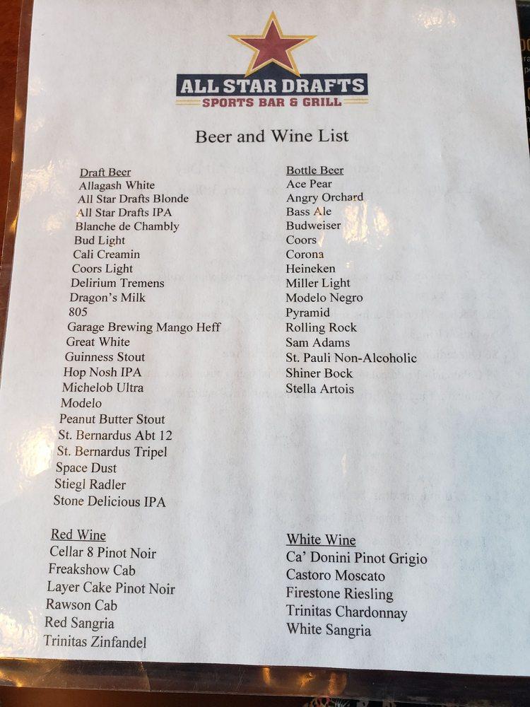 Menu at All Star Drafts Sports Bar & Grill, Corona
