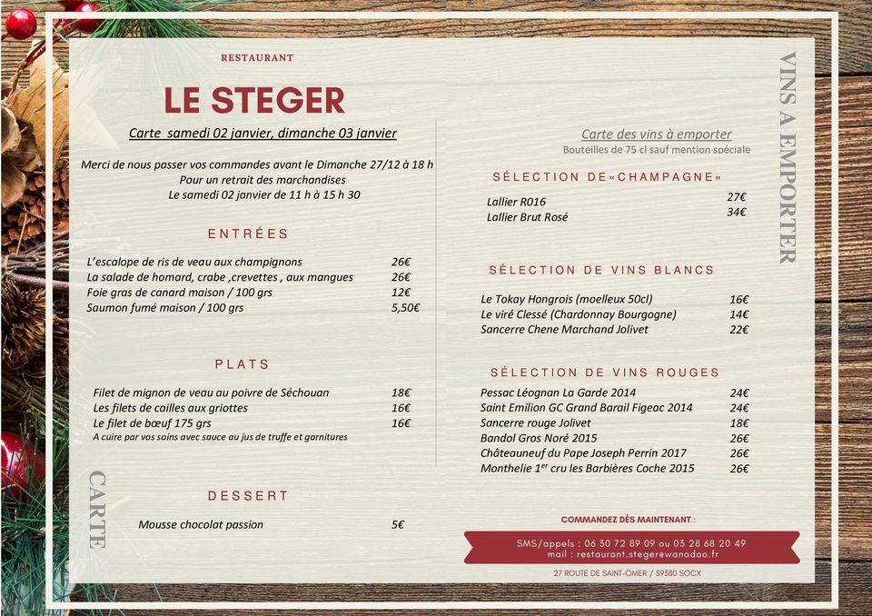 Menu au Au Steger restaurant, Socx