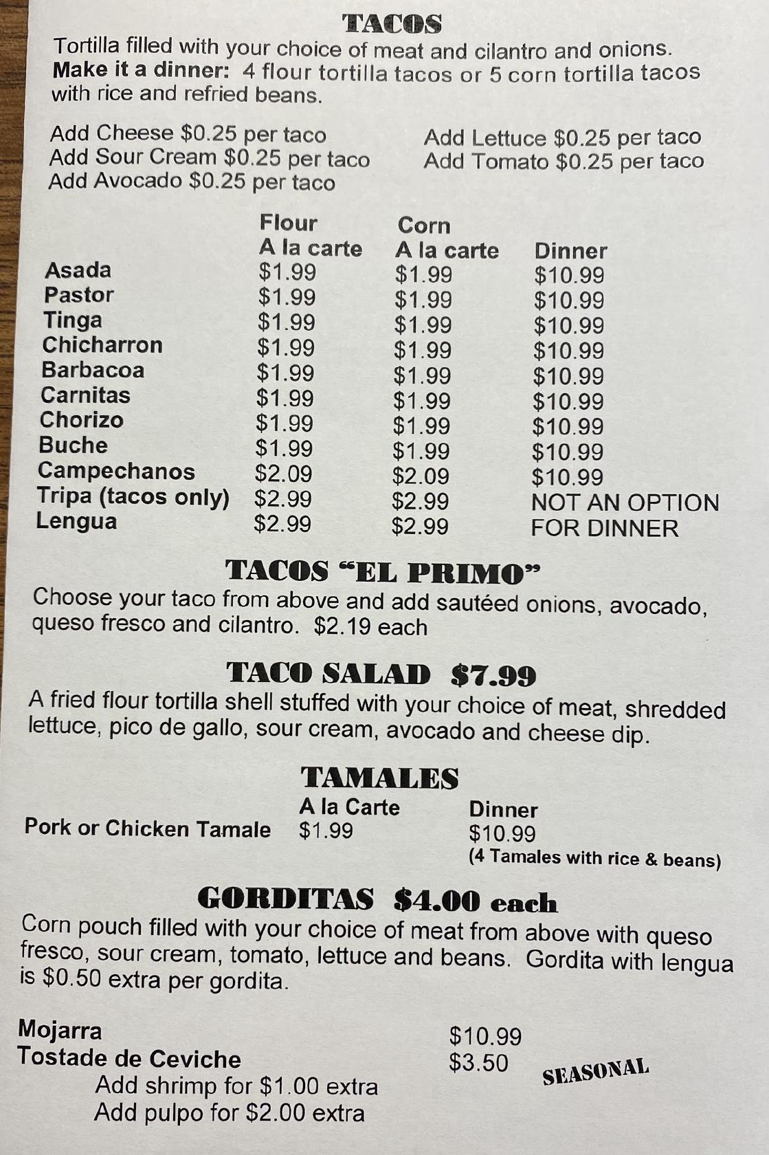 Menu at Taqueria El Primo restaurant, Sherwood