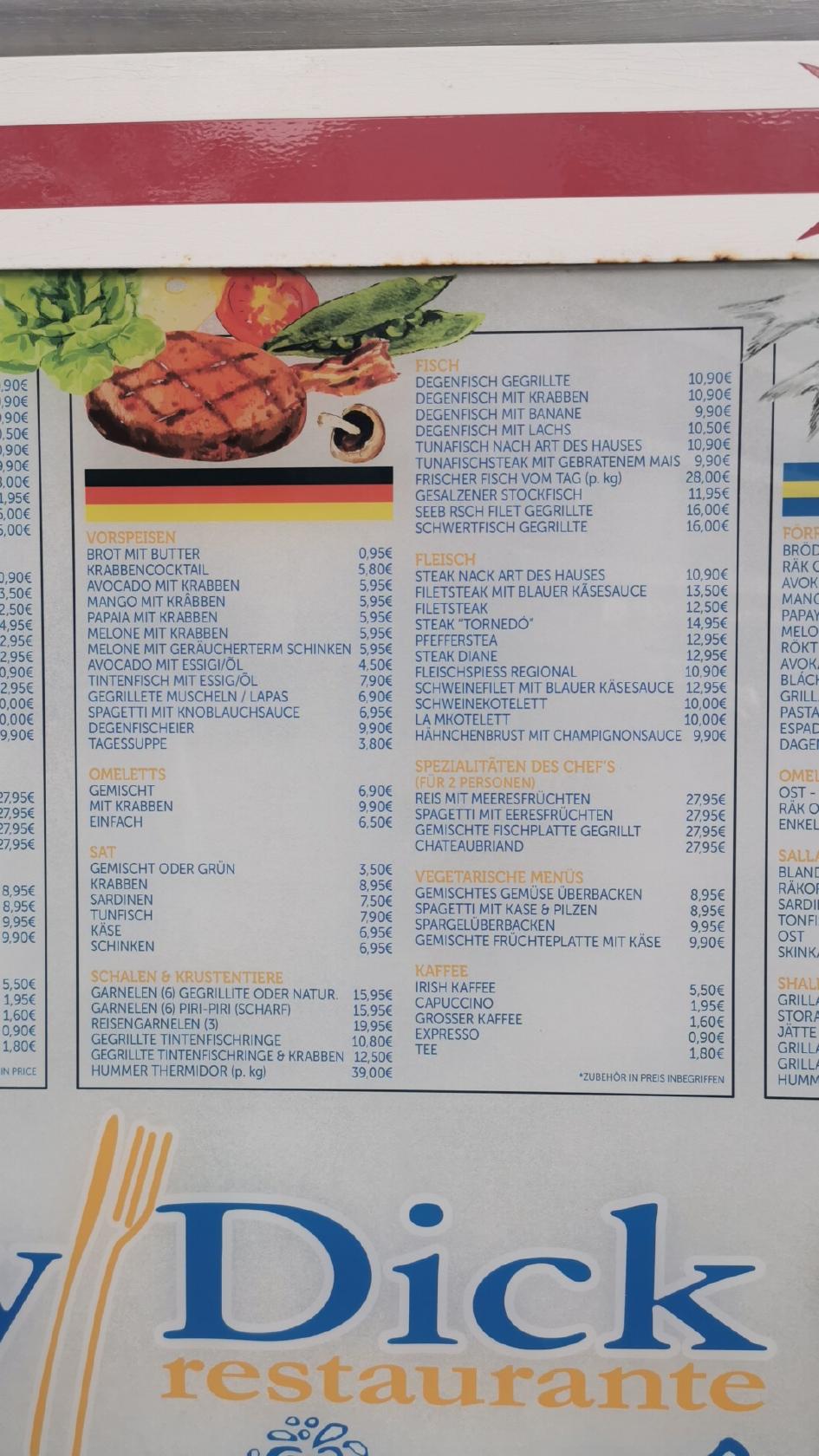 Menu em Moby Dick Restaurante, Funchal